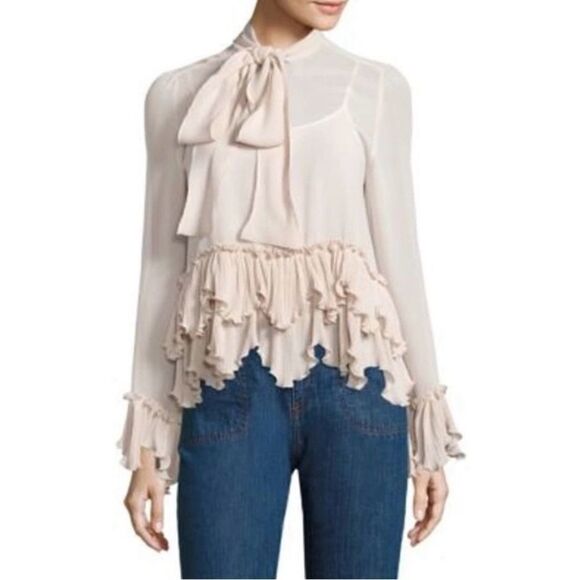 SEE BY CHLOÉ Tie-neck Peplum Blouse In Morganite - Picture 1 of 8